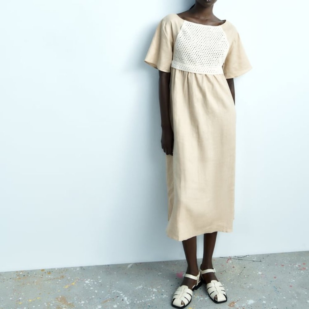 NWT 100% LINEN BLEND KNIT BEIGE TAN VINTAGE RUSTIC DRESS
